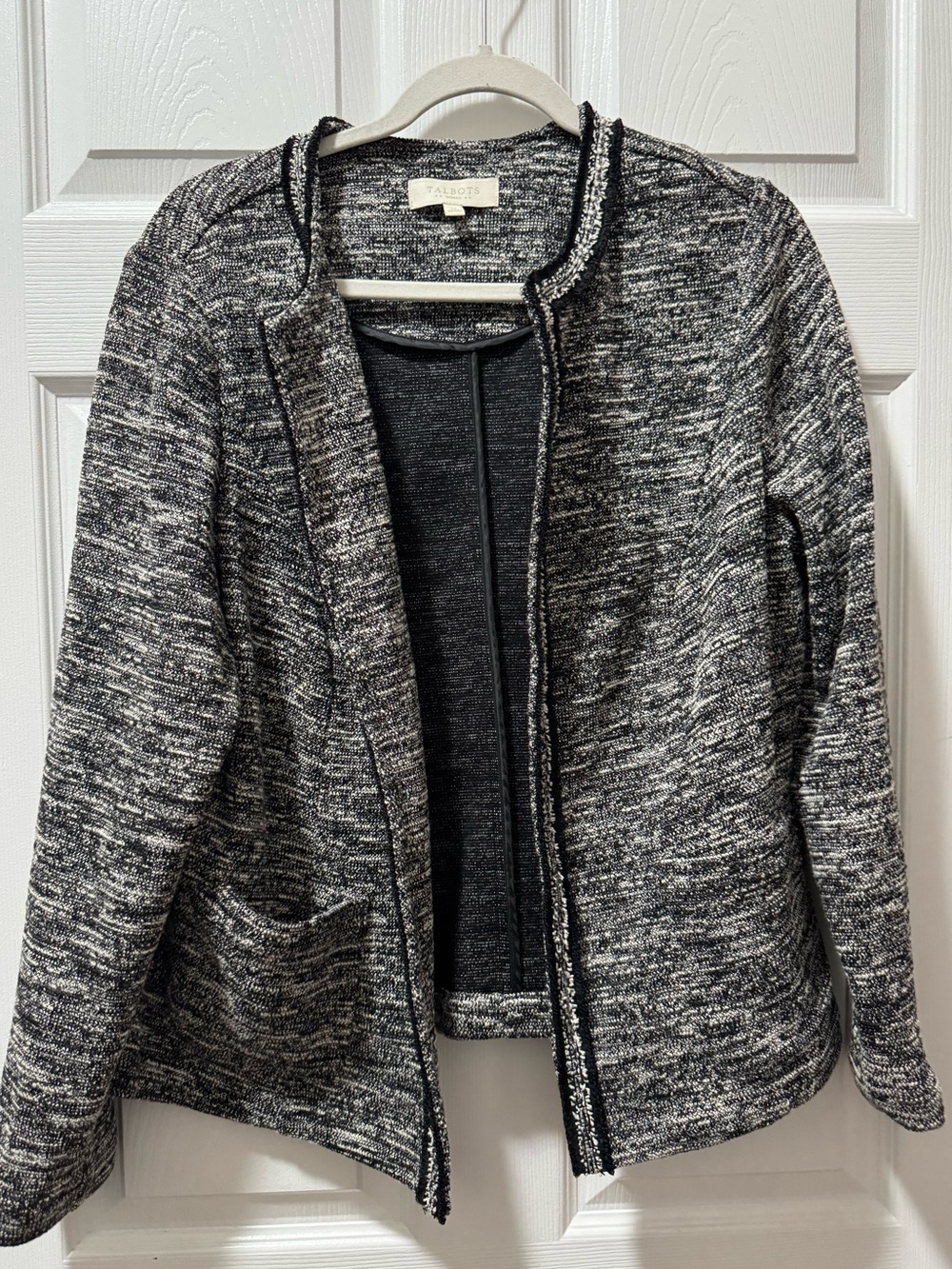 Talbots Black and White Tweed Open-Front Cardigan Jacket